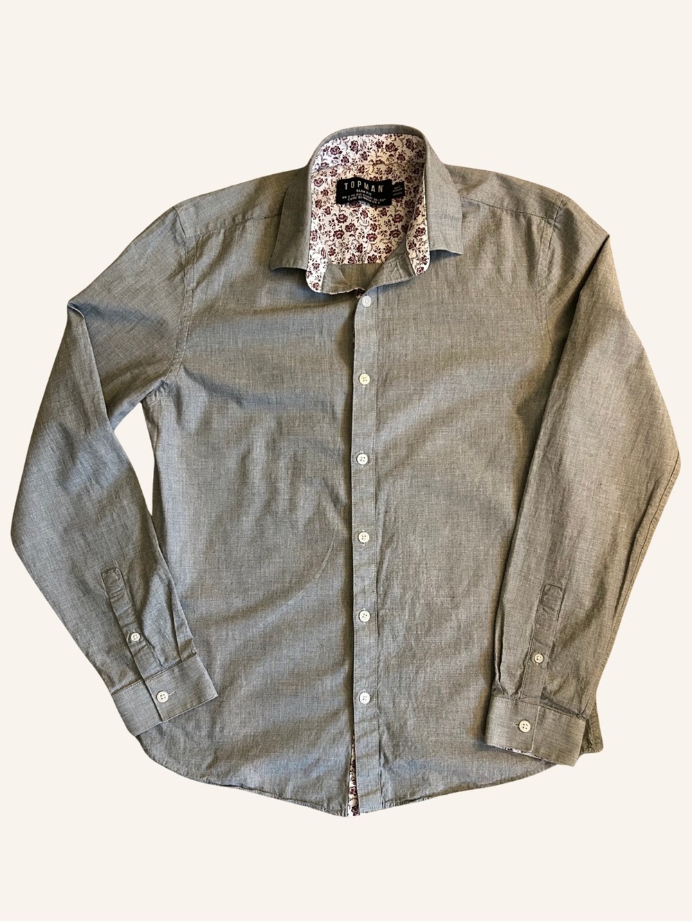 Topman Grey Button Down Dress Shirt with Floral Inner Collar Small Slim Fit